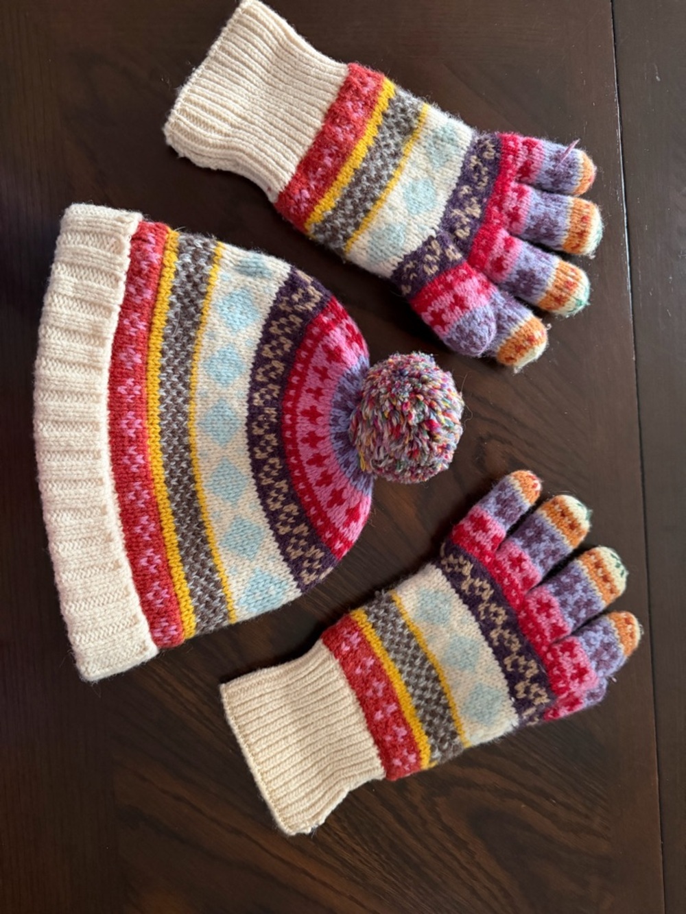 Multicolor 90s GAP Knit Hat and Gloves Set - Cream Trim